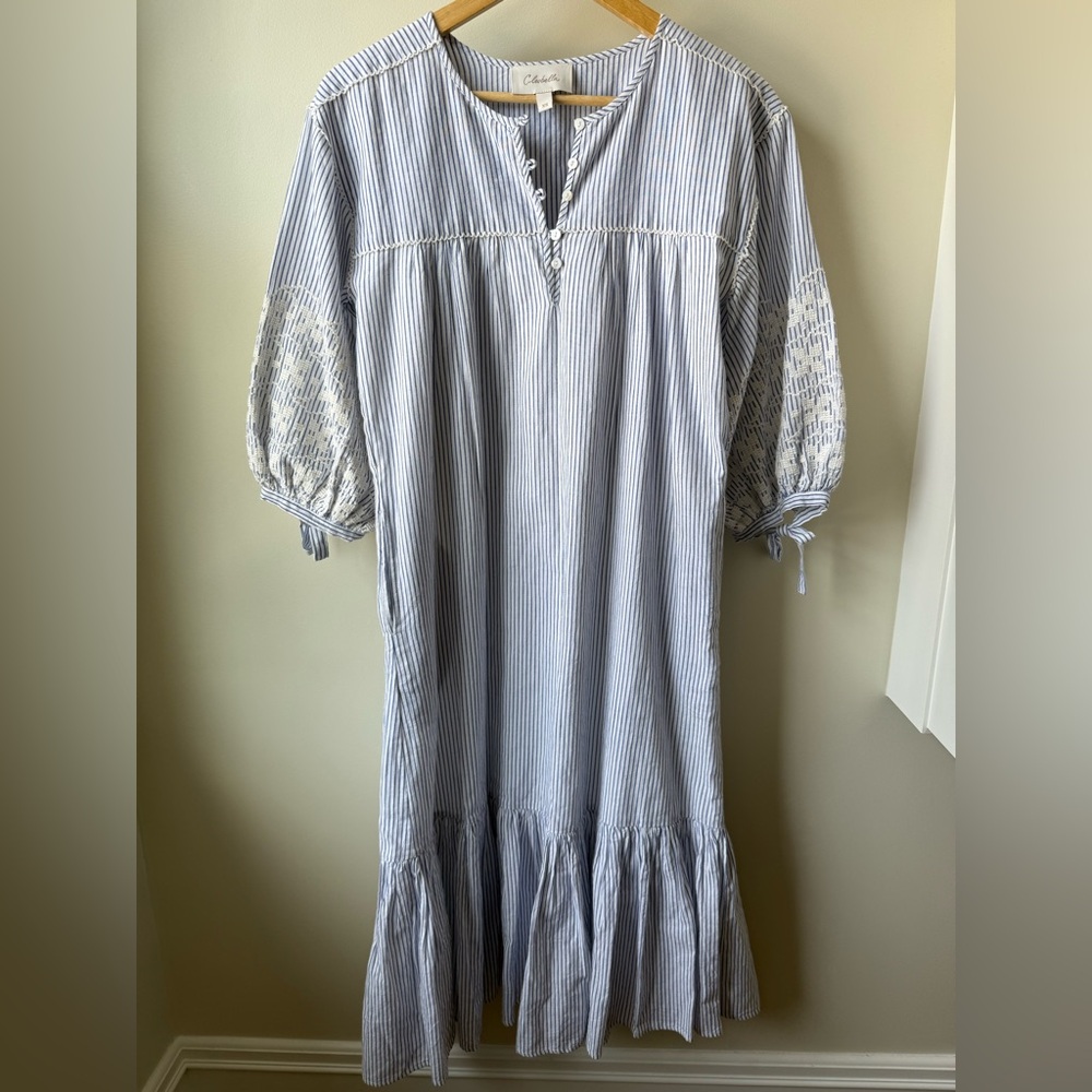 Cleobella Blue and White Striped Midi Dress with Embroidered Puff Sleeves
